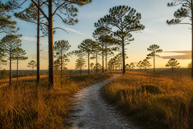 Widely spaced longleaf pines over wiregrass on a sandhill ridge at golden hour, a pale sand path cutting through