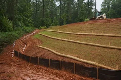 Red clay slope mid-repair with rain-cut gullies at one edge, straw wattles staked on contour, and new rye grass emerging