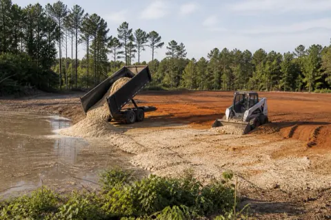 Pale sandy fill being tipped at the wet corner of an Augusta lot while a compact track loader works it flat against red clay