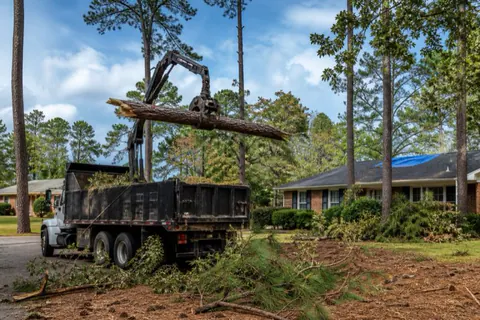 Grapple truck loading a snapped loblolly pine trunk in a brick-ranch neighborhood after a storm, with limb piles raked together